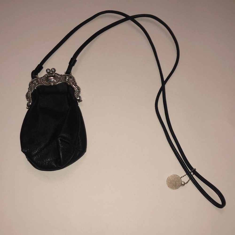 Brighton One World Purse Black Leather Silver Embossed Frame With Shoulder Strap